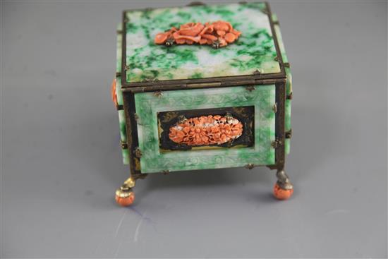 A Chinese jadeite and coral mounted silver-gilt trinket box, 10.1 x 10.1cm. height 9cm